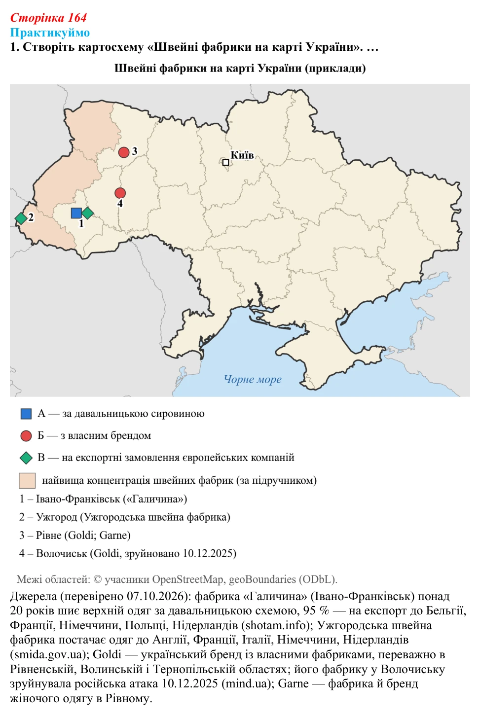Відповідь до завдання 1 «Практикуймо» § 23 (с. 164) з географії для 9 класу (Запотоцький, 2026): Виробництво тканин...