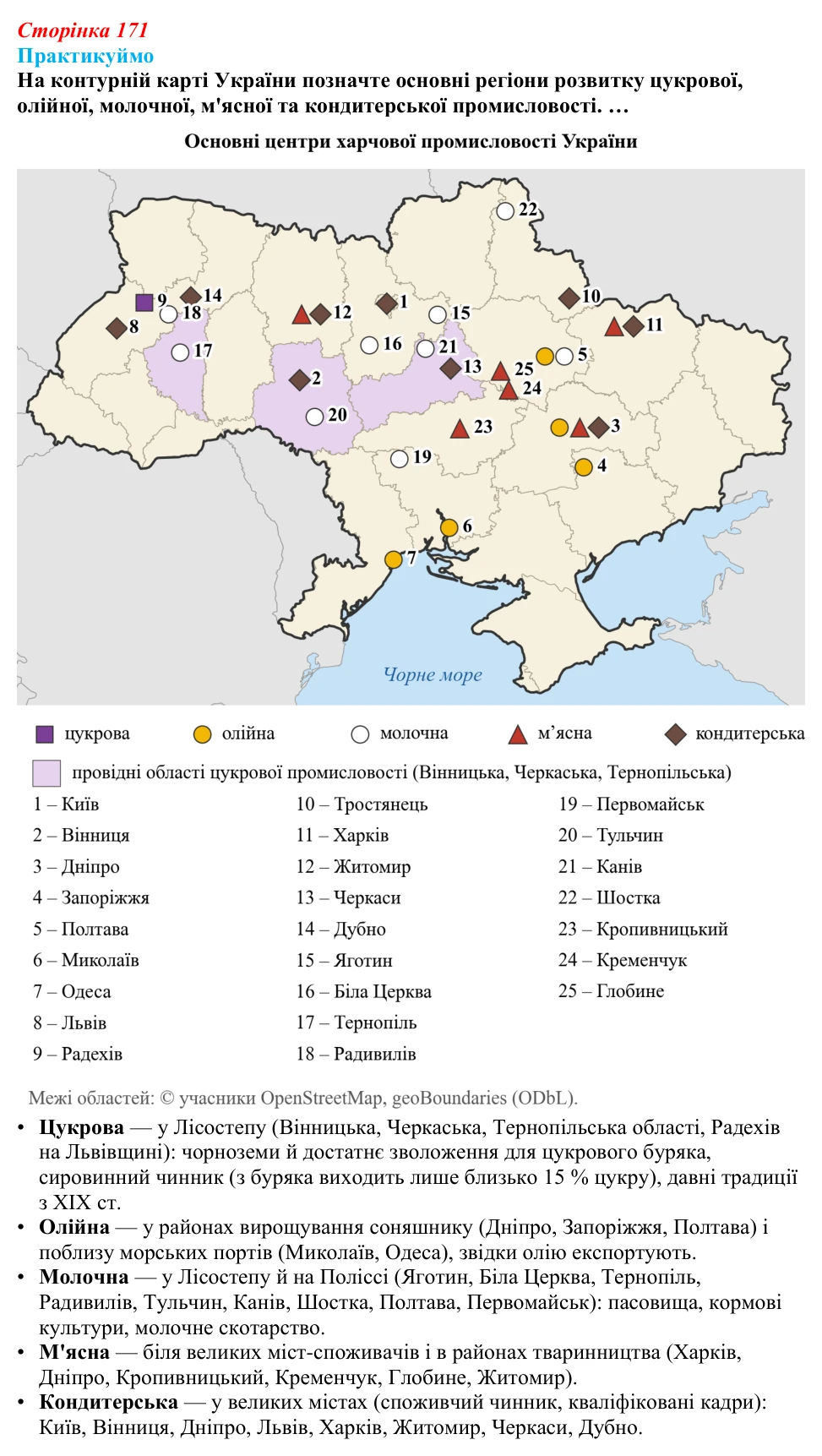 Відповідь до завдання 1 «Практикуймо» § 24 (с. 171) з географії для 9 класу (Запотоцький, 2026): Виробництво харчових...