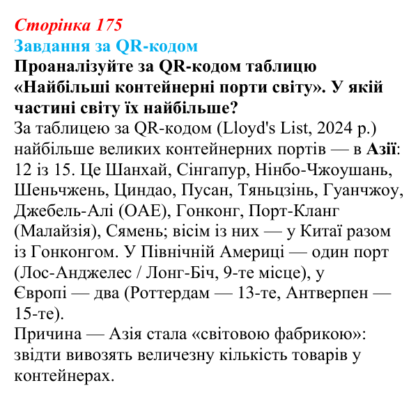 Відповідь до завдання за QR-кодом 1 § 25 (с. 175) з географії для 9 класу (Запотоцький, 2026): Транспорт