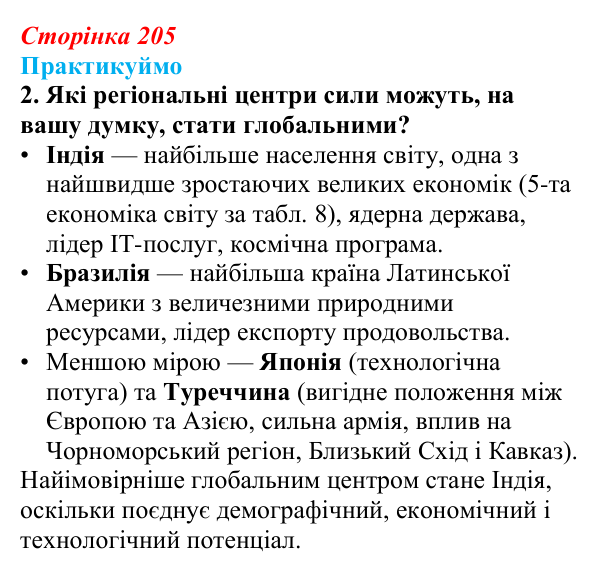 Відповідь до завдання 2 «Практикуймо» § 30 (с. 205) з географії для 9 класу (Запотоцький, 2026): Регіони і субрегіони...