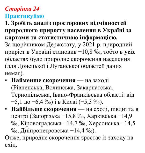 Відповідь до завдання 1 «Практикуймо» § 3 (с. 24) з географії для 9 класу (Запотоцький, 2026): Кількість та природне...