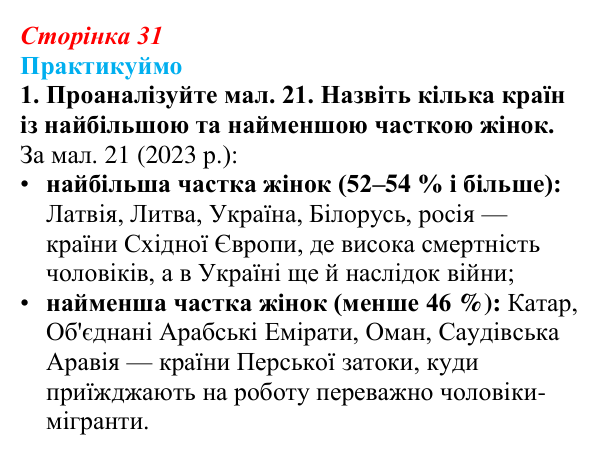 Відповідь до завдання 1 до мал. 21 «Практикуймо» § 5 (с. 31) з географії для 9 класу (Запотоцький, 2026): Статево-віковий...