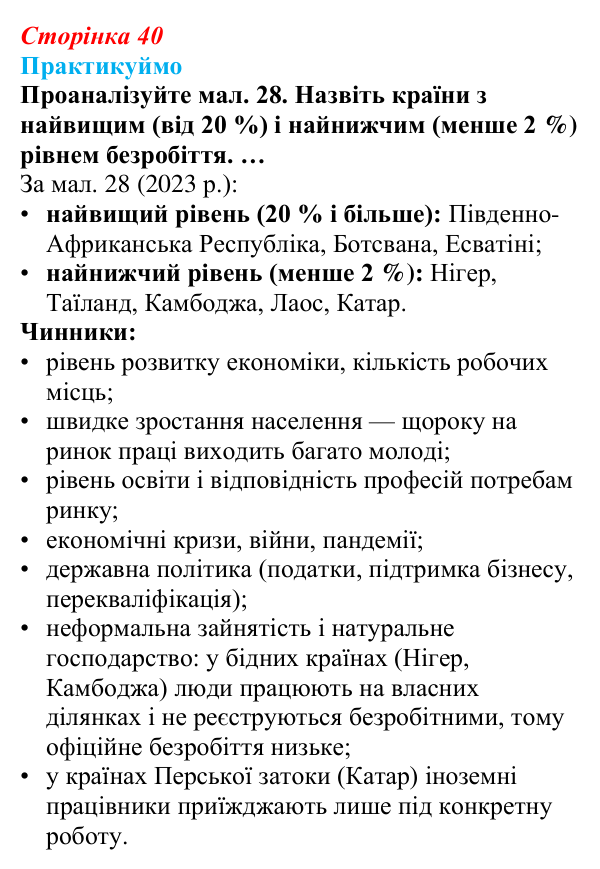 Відповідь до завдання 1 до мал. 28 «Практикуймо» § 6 (с. 40) з географії для 9 класу (Запотоцький, 2026): Зайнятість...