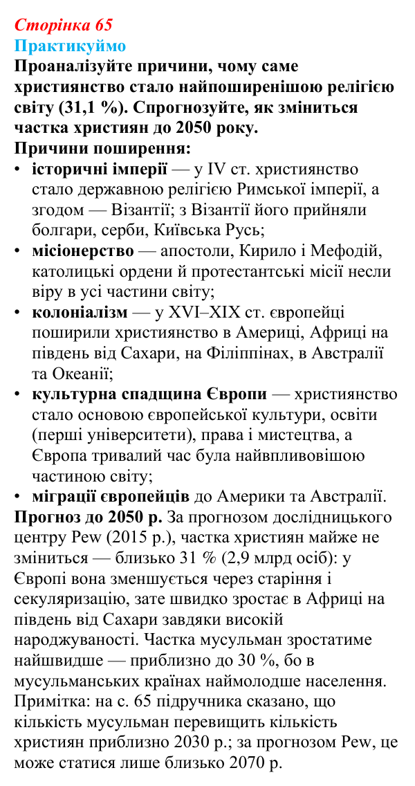 Відповідь до завдання 1 «Практикуймо» § 10 (с. 65) з географії для 9 класу (Запотоцький, 2026): Географія релігій