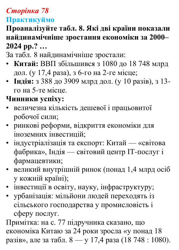 Відповідь до завдання 1 «Практикуймо» § 11 (с. 78) з географії для 9 класу (Запотоцький, 2026): Світове господарство...