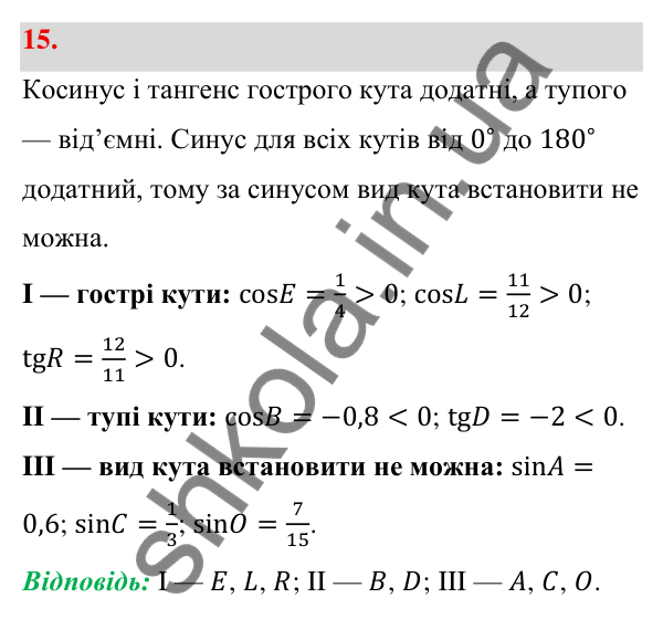 Відповідь до завдання 15 (с. 12) з геометрії для 9 класу (Бевз, 2026): Синус, косинус і тангенс кута від 0° до 180°