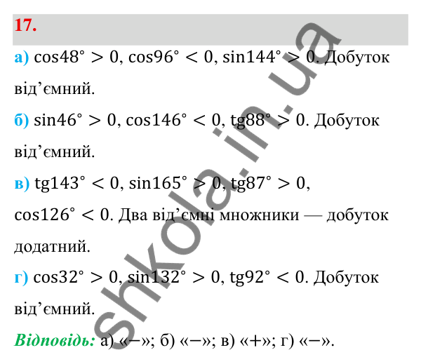 Відповідь до завдання 17 (с. 12) з геометрії для 9 класу (Бевз, 2026): Синус, косинус і тангенс кута від 0° до 180°
