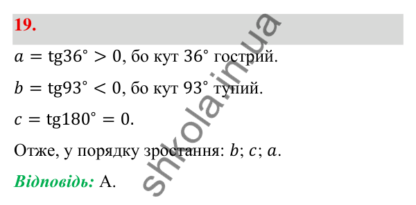 Відповідь до завдання 19 (с. 12) з геометрії для 9 класу (Бевз, 2026): Синус, косинус і тангенс кута від 0° до 180°