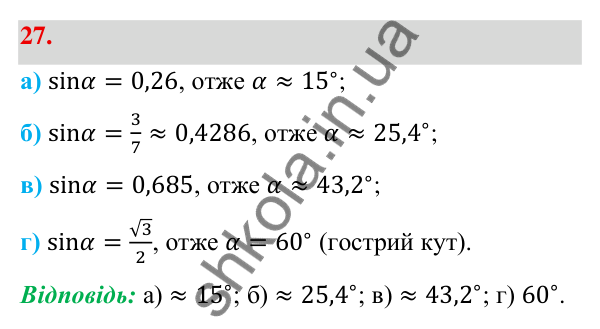 Відповідь до завдання 27 (с. 13) з геометрії для 9 класу (Бевз, 2026): Синус, косинус і тангенс кута від 0° до 180°