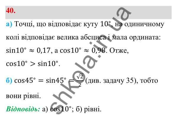 Відповідь до завдання 40 (с. 14) з геометрії для 9 класу (Бевз, 2026): Синус, косинус і тангенс кута від 0° до 180°