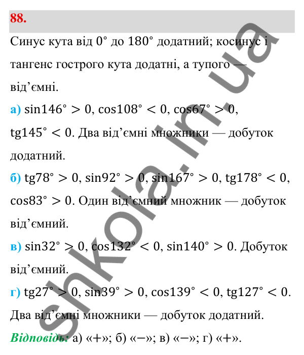 Відповідь до завдання 88 (с. 20) з геометрії для 9 класу (Бевз, 2026): Тригонометричні тотожності