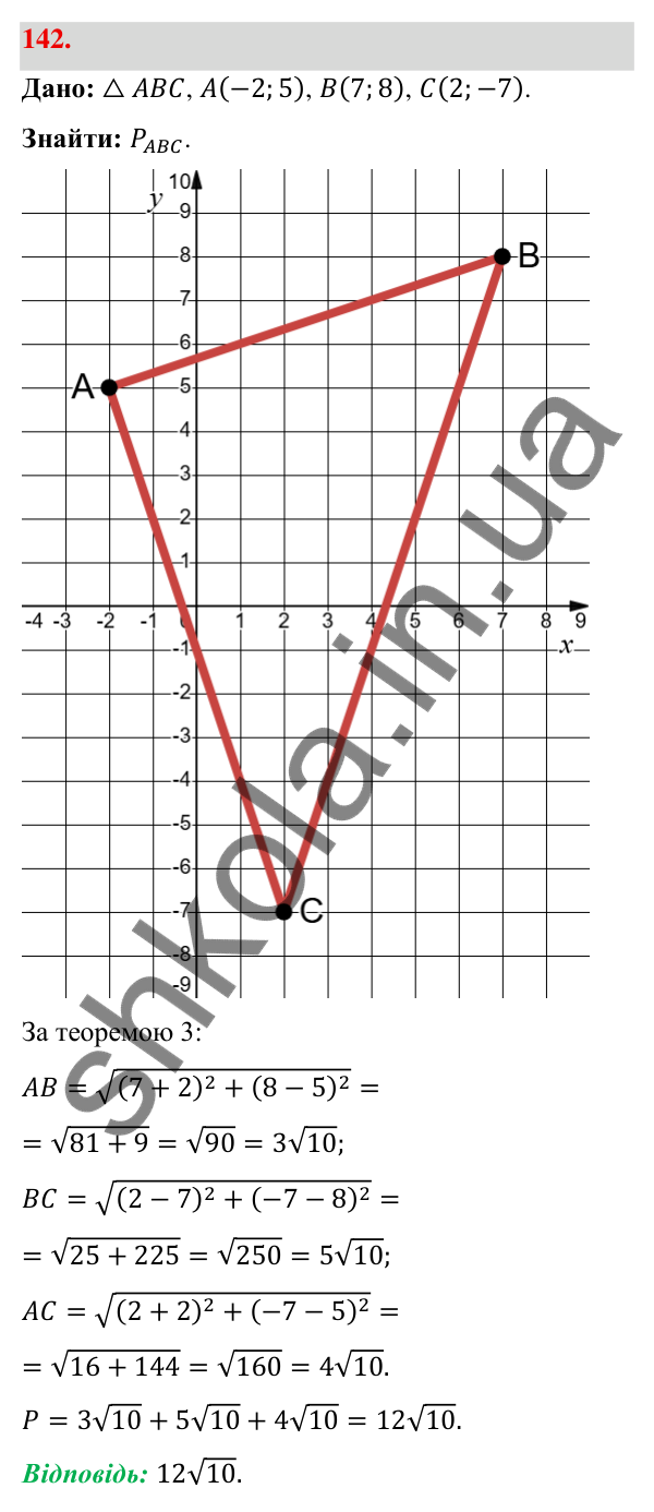 Відповідь до завдання 142 (с. 32) з геометрії для 9 класу (Бевз, 2026): Відстань між точками