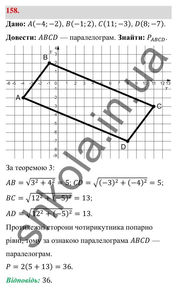 Відповідь до завдання 158 (с. 34) з геометрії для 9 класу (Бевз, 2026): Відстань між точками
