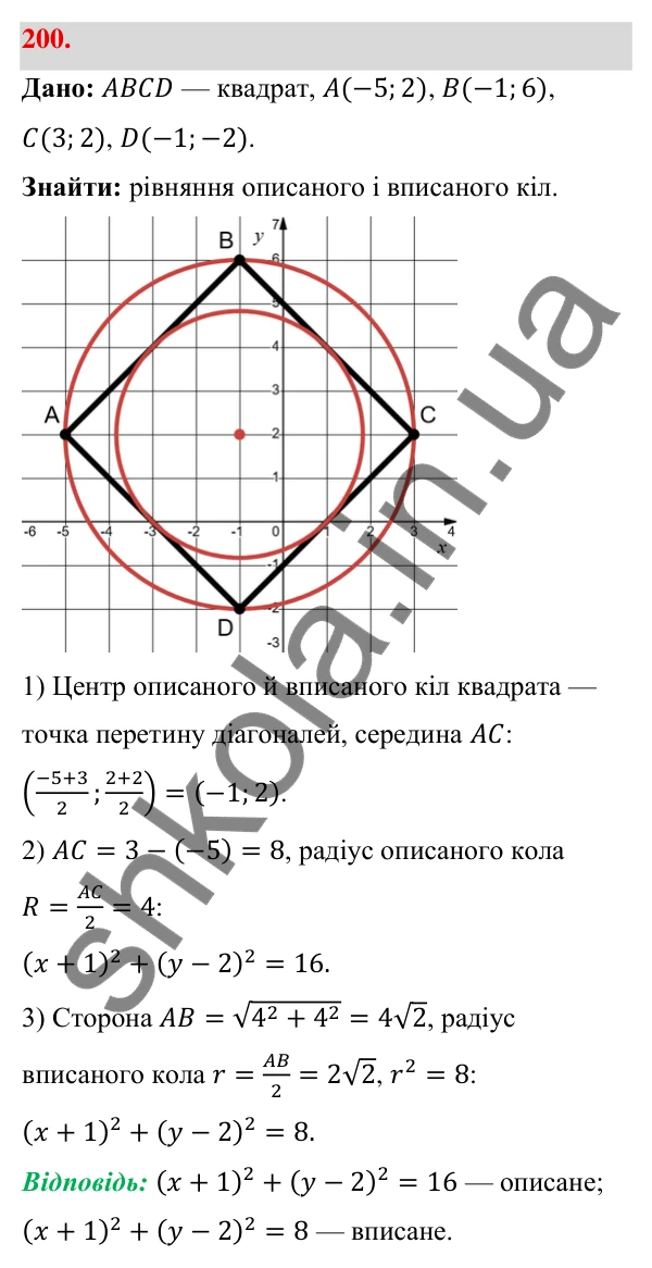 Відповідь до завдання 200 (с. 39) з геометрії для 9 класу (Бевз, 2026): Рівняння кола