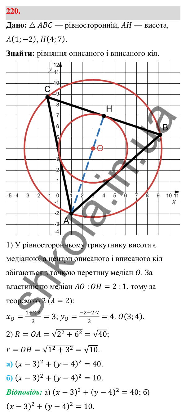 Відповідь до завдання 220 (с. 40) з геометрії для 9 класу (Бевз, 2026): Рівняння кола
