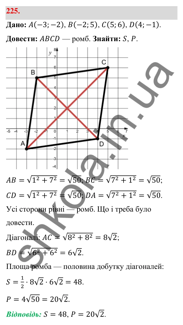 Відповідь до завдання 225 (с. 41) з геометрії для 9 класу (Бевз, 2026): Рівняння кола