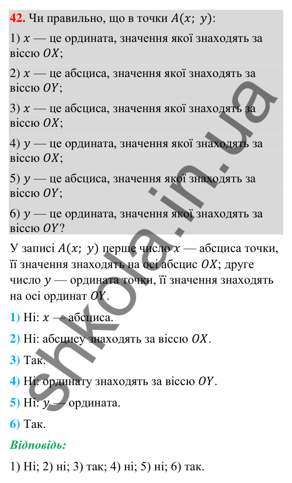 Відповідь до завдання 42 (с. 14) з геометрії для 9 класу (Бурда, 2026): Декартові координати на площині
