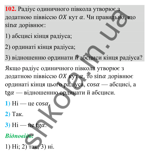 Відповідь до завдання 102 (с. 26) з геометрії для 9 класу (Бурда, 2026): Синус, косинус і тангенс кутів від 0° до 180°.…