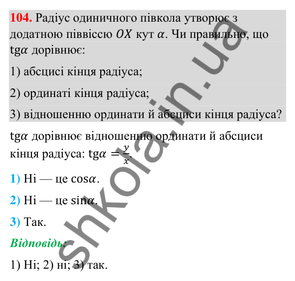 Відповідь до завдання 104 (с. 26) з геометрії для 9 класу (Бурда, 2026): Синус, косинус і тангенс кутів від 0° до 180°.…