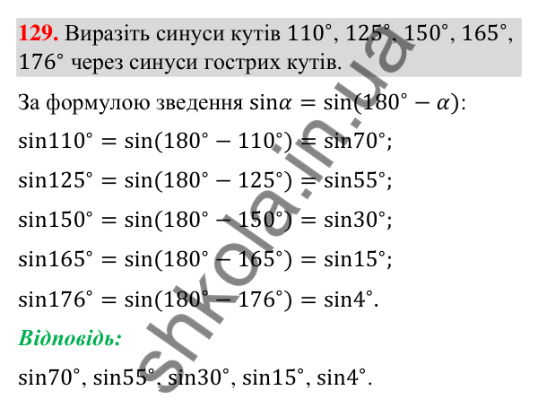 Відповідь до завдання 129 (с. 30) з геометрії для 9 класу (Бурда, 2026): Синус, косинус і тангенс кутів від 0° до 180°.…