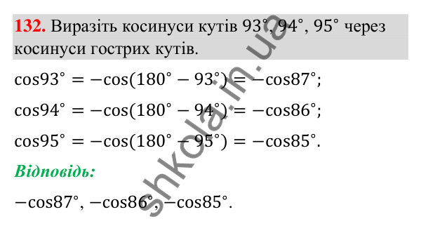 Відповідь до завдання 132 (с. 30) з геометрії для 9 класу (Бурда, 2026): Синус, косинус і тангенс кутів від 0° до 180°.…
