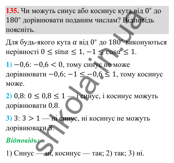 Відповідь до завдання 135 (с. 30) з геометрії для 9 класу (Бурда, 2026): Синус, косинус і тангенс кутів від 0° до 180°.…