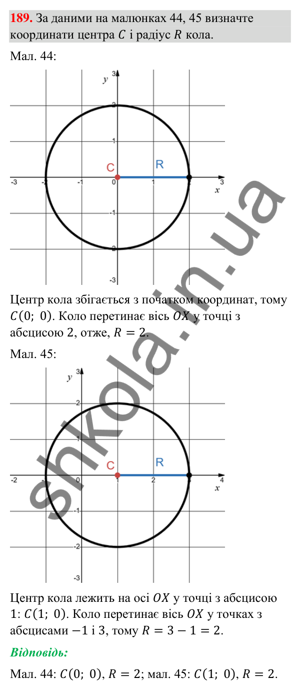 Відповідь до завдання 189 (с. 42) з геометрії для 9 класу (Бурда, 2026): Поняття рівняння фігури. Рівняння кола і прямої