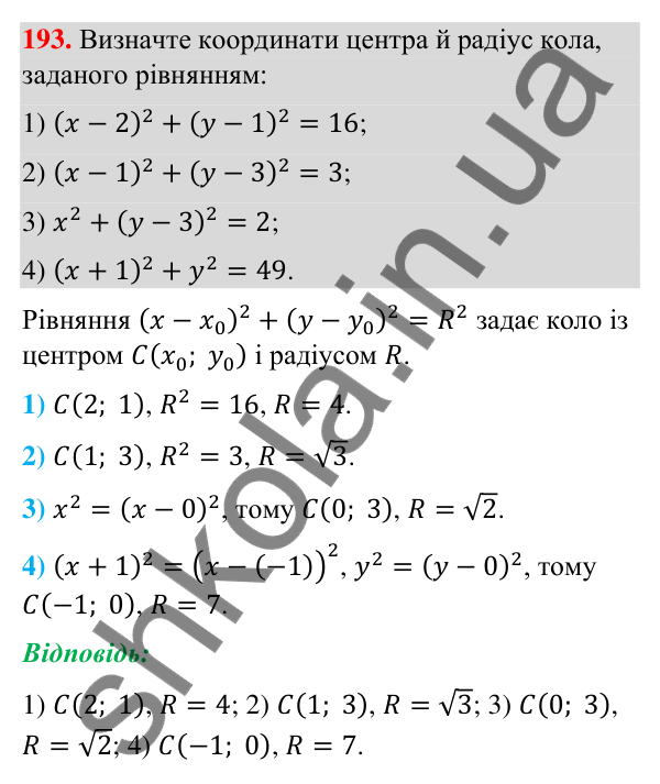 Відповідь до завдання 193 (с. 43) з геометрії для 9 класу (Бурда, 2026): Поняття рівняння фігури. Рівняння кола і прямої