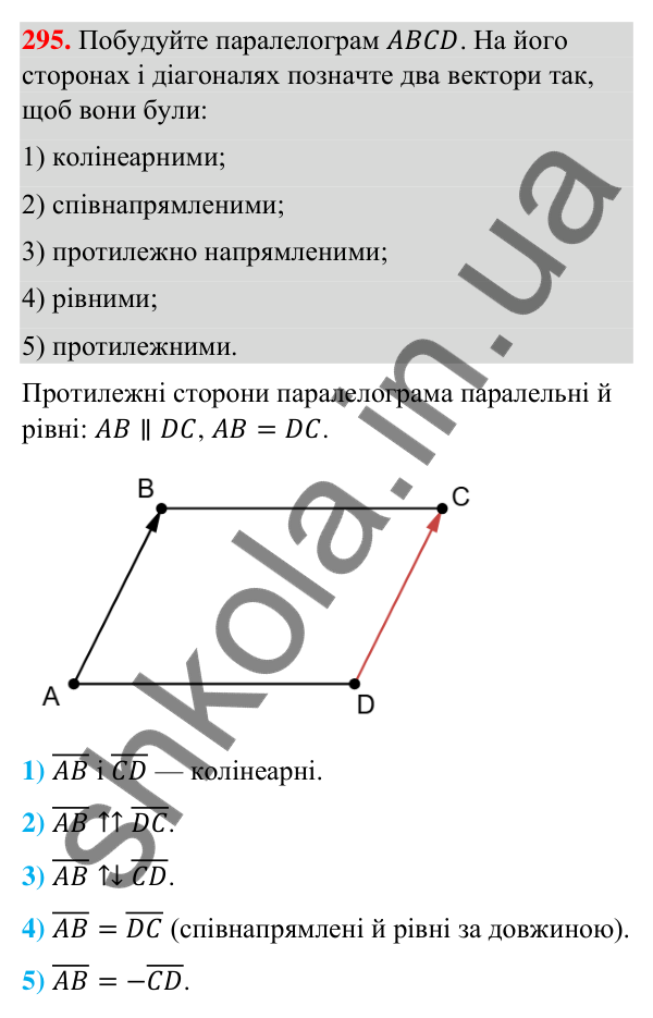 Завдання 295 Відповідь до завдання 295 (с. 62) з геометрії для 9 класу (Бурда, 2026): Поняття вектора. Дії над векторами