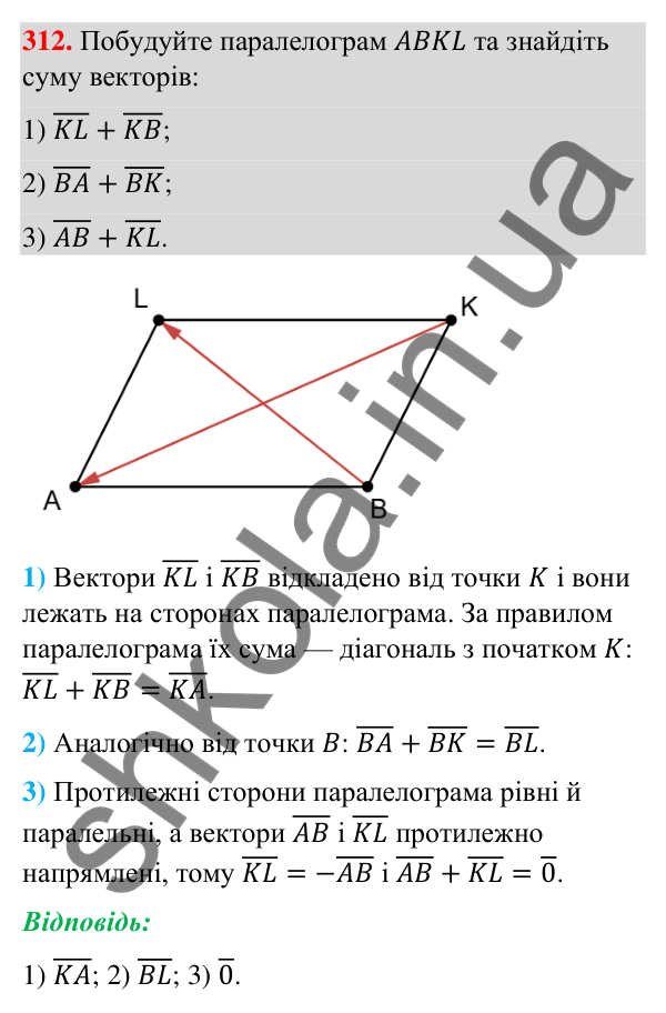 Відповідь до завдання 312 (с. 64) з геометрії для 9 класу (Бурда, 2026): Поняття вектора. Дії над векторами