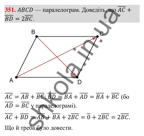Відповідь до завдання 351 (с. 68) з геометрії для 9 класу (Бурда, 2026): Поняття вектора. Дії над векторами