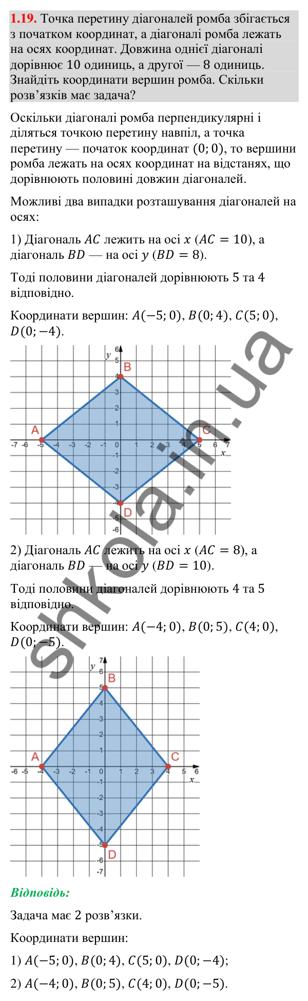 Відповідь до завдання 1.19 (с. 16) з геометрії для 9 класу (Істер, 2026): Координатна площина