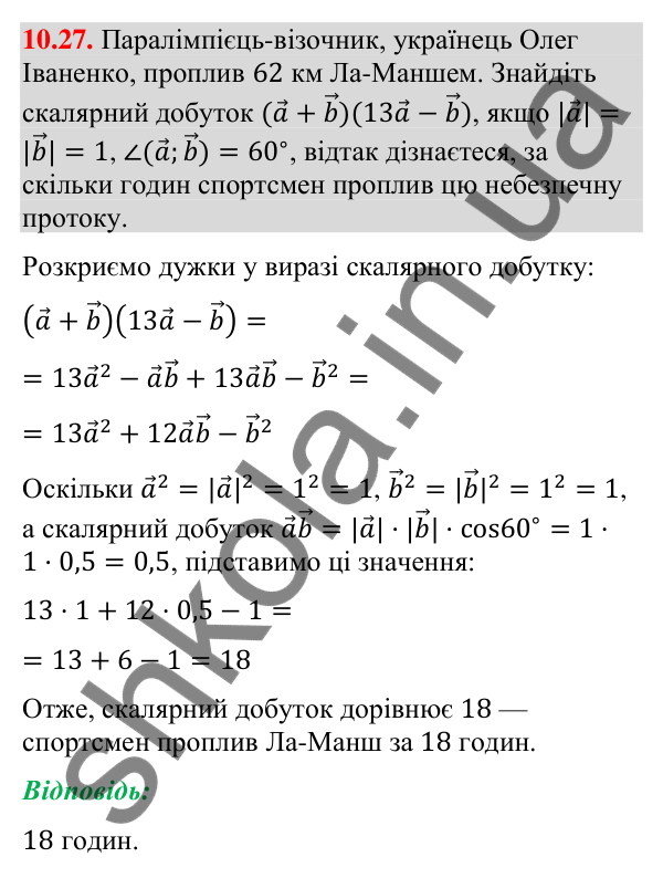 Завдання 10.27 Відповідь до завдання 10.27 (с. 84) з геометрії для 9 класу (Істер, 2026): Скалярний добуток векторів