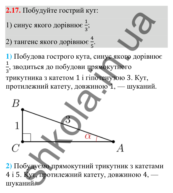 Відповідь до завдання 2.17 (с. 24) з геометрії для 9 класу (Істер, 2026): Синус, косинус, тангенс кутів