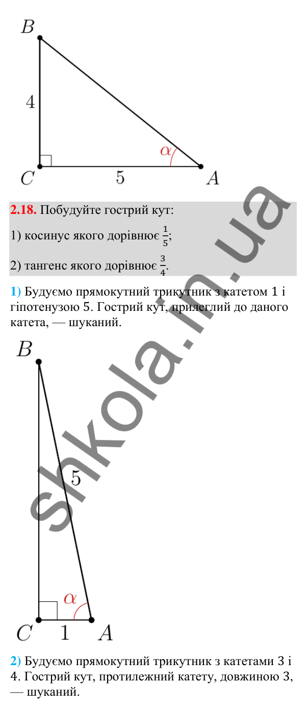 Відповідь до завдання 2.18 (с. 24) з геометрії для 9 класу (Істер, 2026): Синус, косинус, тангенс кутів