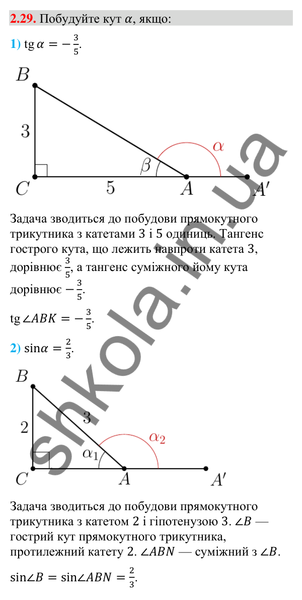 Відповідь до завдання 2.29 (с. 25) з геометрії для 9 класу (Істер, 2026): Синус, косинус, тангенс кутів