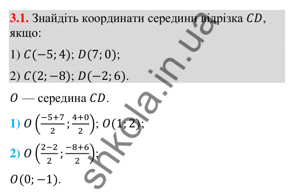 Відповідь до завдання 3.1 (с. 29) з геометрії для 9 класу (Істер, 2026): Координати середини відрізка