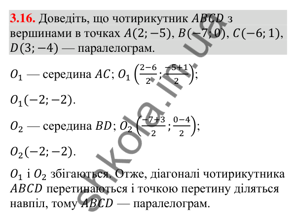 Відповідь до завдання 3.16 (с. 30) з геометрії для 9 класу (Істер, 2026): Координати середини відрізка