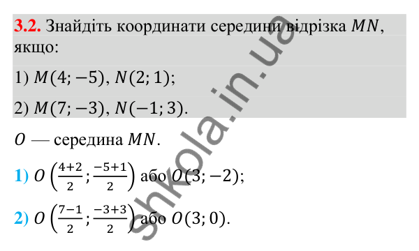 Відповідь до завдання 3.2 (с. 30) з геометрії для 9 класу (Істер, 2026): Координати середини відрізка