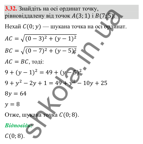 Відповідь до завдання 3.32 (с. 31) з геометрії для 9 класу (Істер, 2026): Координати середини відрізка