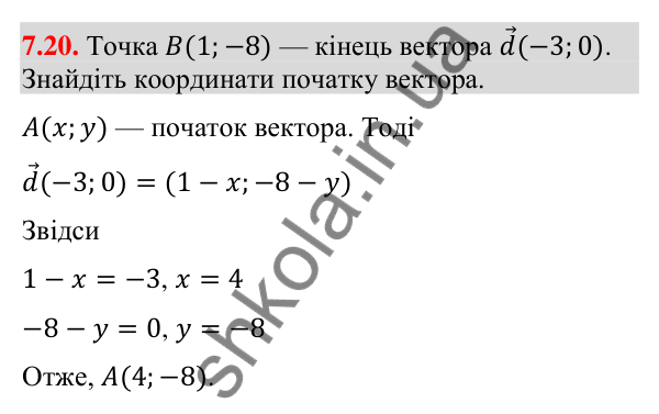 Відповідь до завдання 7.20 (с. 67) з геометрії для 9 класу (Істер, 2026): Координати вектора