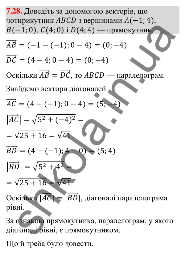 Відповідь до завдання 7.28 (с. 67) з геометрії для 9 класу (Істер, 2026): Координати вектора