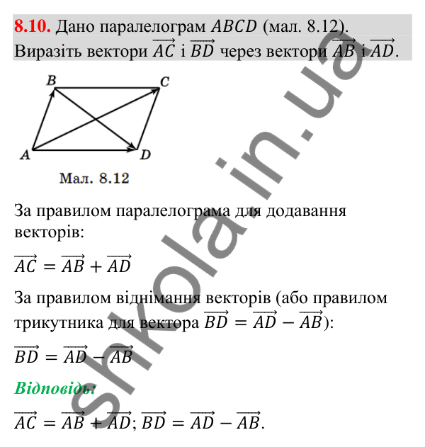 Завдання 8.10 Відповідь до завдання 8.10 (с. 71) з геометрії для 9 класу (Істер, 2026): Додавання та віднімання векторів