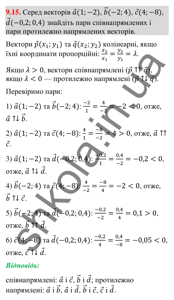 Завдання 9.15 Відповідь до завдання 9.15 (с. 76) з геометрії для 9 класу (Істер, 2026): Множення вектора на число