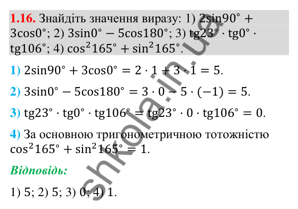 Завдання 1.16 Відповідь до завдання 1.16 (с. 13) з геометрії для 9 класу (Мерзляк, 2026): Синус, косинус і тангенс кута