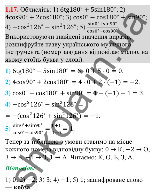 Завдання 1.17 Відповідь до завдання 1.17 (с. 13) з геометрії для 9 класу (Мерзляк, 2026): Синус, косинус і тангенс кута