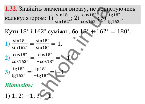 Завдання 1.32 Відповідь до завдання 1.32 (с. 15) з геометрії для 9 класу (Мерзляк, 2026): Синус, косинус і тангенс кута