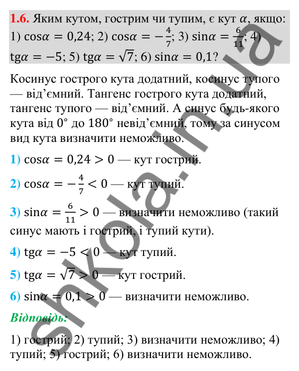 Завдання 1.6 Відповідь до завдання 1.6 (с. 11) з геометрії для 9 класу (Мерзляк, 2026): Синус, косинус і тангенс кута