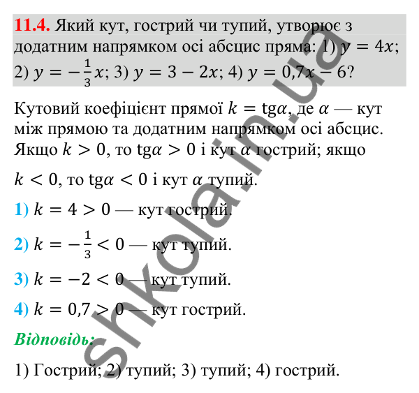 Завдання 11.4 Відповідь до завдання 11.4 (с. 128) з геометрії для 9 класу (Мерзляк, 2026): Кутовий коефіцієнт прямої