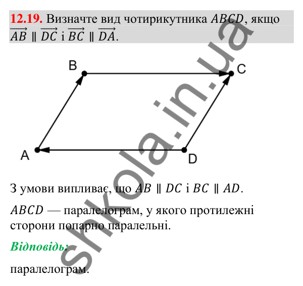 Завдання 12.19 Відповідь до завдання 12.19 (с. 145) з геометрії для 9 класу (Мерзляк, 2026): Поняття вектора